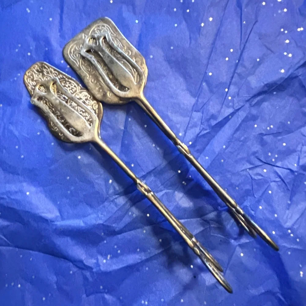 Vintage Engraved Sandwich Server, Silver Plate Serving Tongs Set of 2